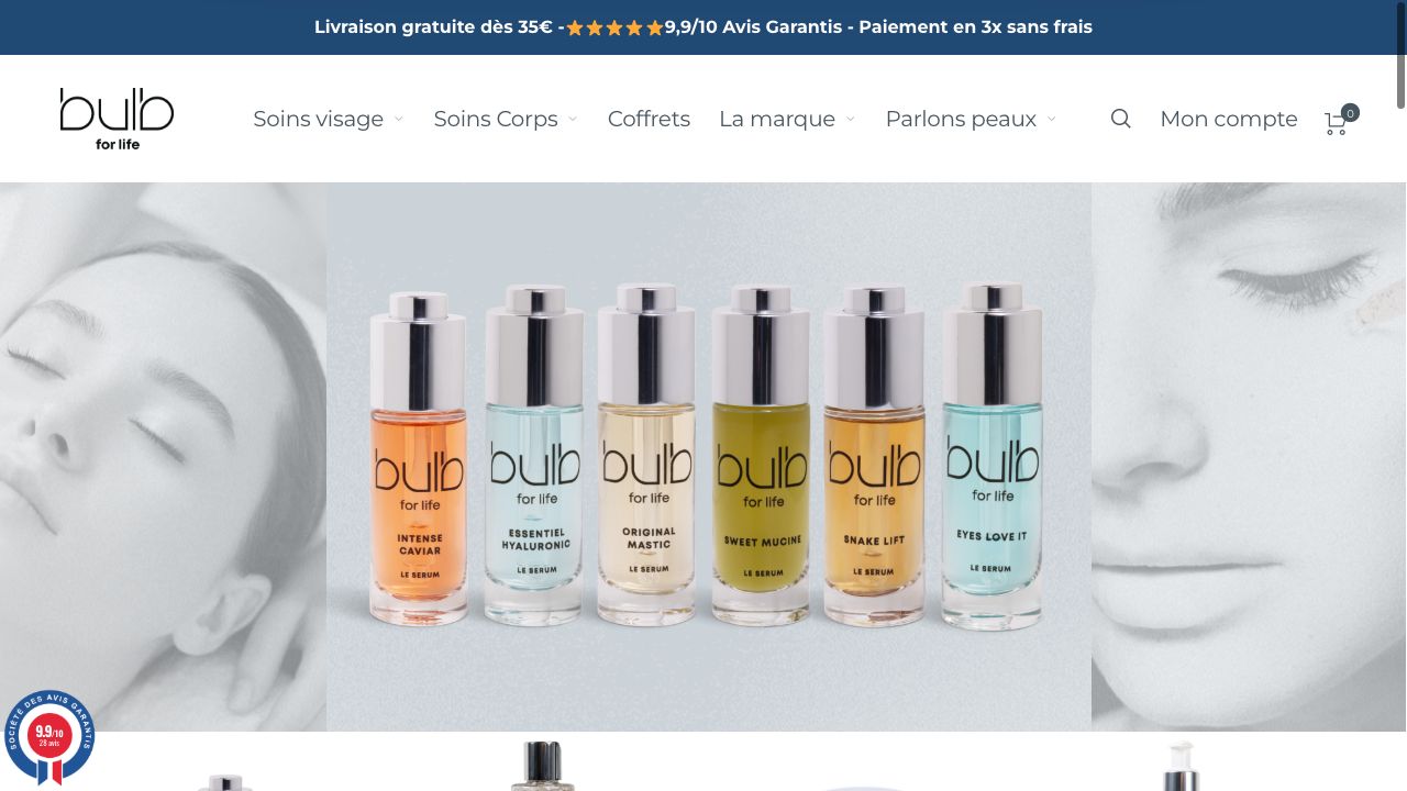 Capture de la page d’accueil Bulb for Life, avec la navigation de la boutique et une sélection de sérums au centre de la composition.