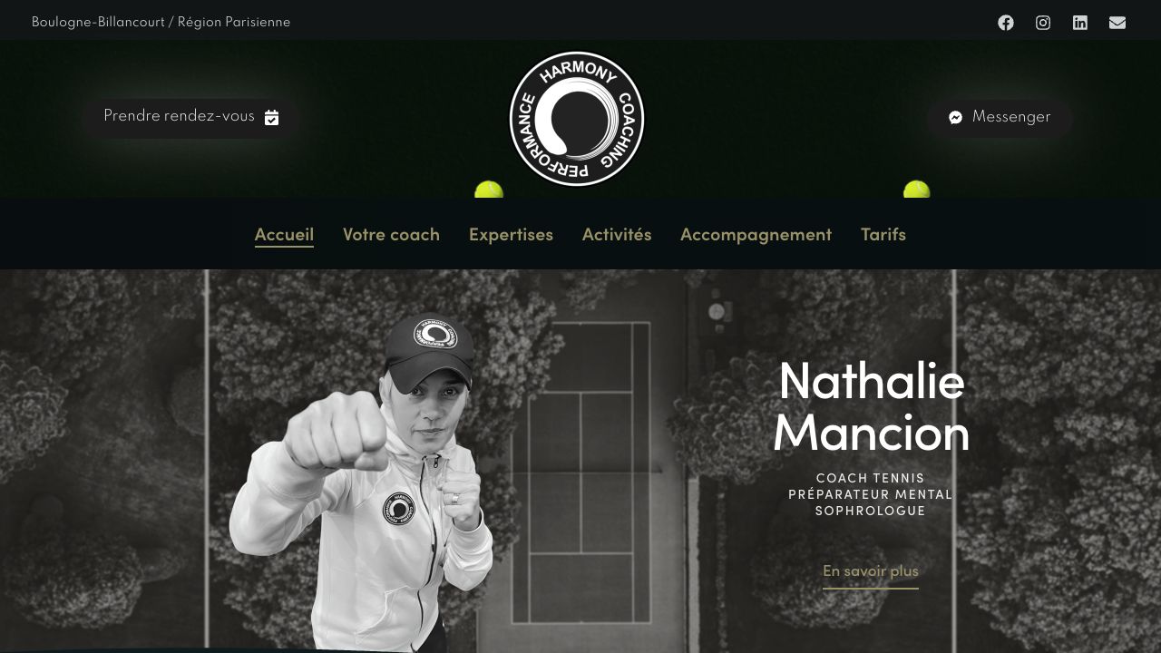 Capture de la page d’accueil Harmony Coaching Performance, avec Nathalie Mancion, le coaching tennis et la préparation mentale.