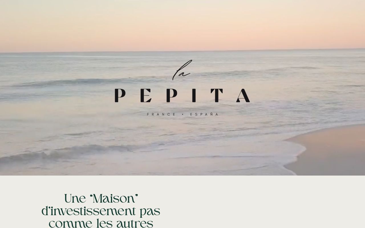 Capture de la page d’accueil La Pépita Invest, avec le logo sur une plage et le titre Une Maison d’investissement pas comme les autres.